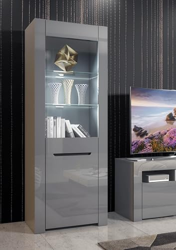 Furneo Milano 09G – Grey Display Cabinet, High Gloss & Matt Finish, White LED Lights