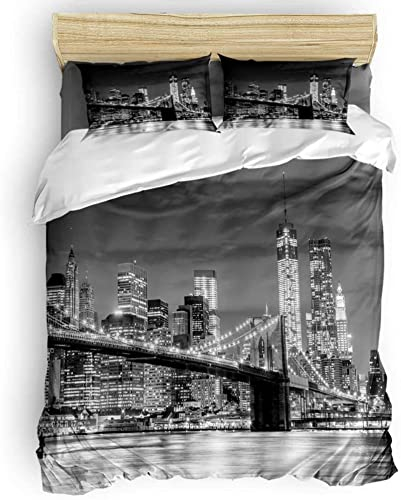 NEKOMARUKE BettwäSche 135x200 Brooklyn Bridge New York City Skyline GlüHend Kinder Bettbezug Set 2teilig Mikrofaser Weiche Bettbezug mit Reißverschluss und Kissenbezüge