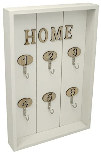 PrimoLiving Holz Schlüsselkasten Home mit 6 Haken - Schlüsselbrett für Wandmontage 6 Metallhaken Vintage Shabby Look Wand Schlüsselboard Aufhängen Chic Stil Weiß P-14882