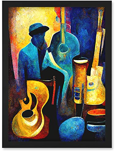 Doppelganger33 LTD Abstract Oil Painting Jazz Blues Musician With Instruments Artwork Framed Wall Art Print A4
