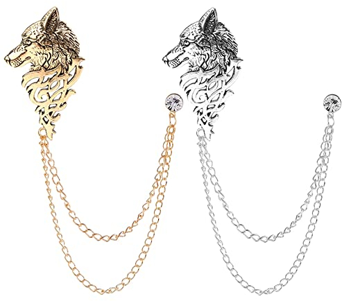 Lot de 2 broches de chemise pour homme, broches en forme de tête de loup, épingles, épingles, chaînes de col, chaînes à pompons, clous à revers en métal et cristal, Métal Métal Cristal