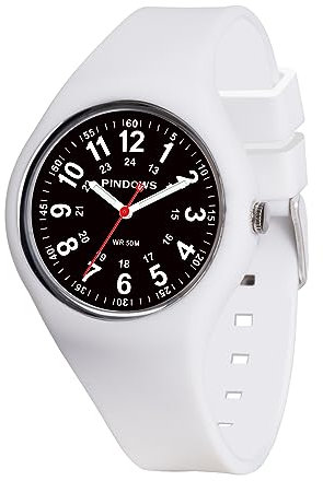 PINDOWS Orologi da polso analogici al quarzo da donna con cinturino in silicone per ragazze, signore, studentesse, facili da leggere, impermeabili. (Schwarzes Gehäuse und Weißes Armband)