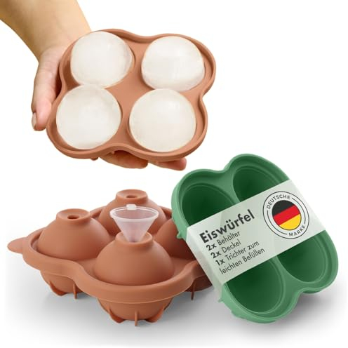 Blumtal Silikon Eiskugelform 2x4er XXL + Trichter-Deckel- Eiswürfel Rund Ø 5 cm - Runde Eiswürfelform 2x - BPA freie Silikonform Eiswürfel groß&rund Eiskugelformer 2x - Olive Green & Mineral Red