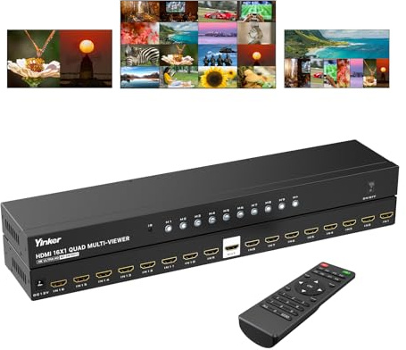 4K HDMI Multiviewer 16x1, Yinker 4K@30Hz Seamless Switch 16 in 1 Out mit IR-Fernbedienung, 10-Anzeigemodi für Plug und Play für Set-Top-Boxen, Konsolen, Spielkonsolen und Laptops