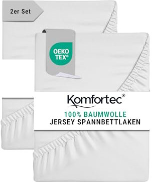 Komfortec 2er Pack Jersey Spannbettlaken 90x200 cm, 100% Baumwolle, Doppelpack Spannbettuch, Weiß