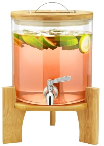 Getränkespender mit Ständer, 5L Getränkespender aus Glas mit rostfreiem Wasserhahn, Getränkespender mit Bambusständer, Eiskalt- oder Heißgetränkespender für Partys