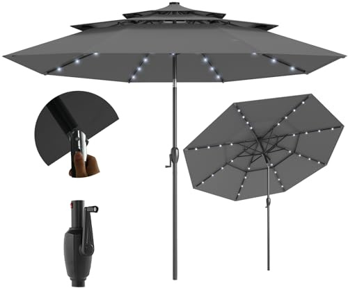 SPOTRAVEL 3M 3-Tier Garden Parasol, Outdoor Patio Umbrella with LED Solar Lights, 8 Heavy Duty Ribs & Crank Handle, Extra Large Table Parasol for Market Poolside Yard (Grey)