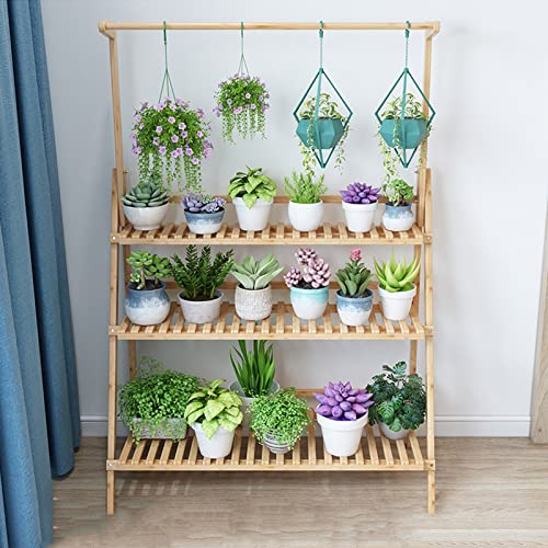 3-Tier-Leiter-Anlage Stehen, Bambus Blume \U200Bpot Halter Faltbare Pflanzen Regal Halter Indoor-Und Outdoor Blume Pflanze Display Rack Colgante Pflanze Stand Für Home Garten Terrasse Balkon