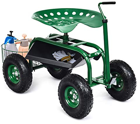 GOPLUS Siège de Jardin Roulant avec 2 Plateau à Outils, Poignée Directe, Panier de Rangement, Siège Réglable, 4 Roues en Caoutchouc, Tabouret de Jardin Roulant pour Jardinage, Vert