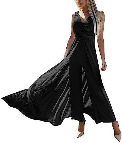Eleganter Jumpsuit Damen Festlich Damen-Overall mit tiefem V-Ausschnitt vorne hinten, sexy Taille, weites Bein, ärmellos Latex Handschuh Sexy (Black, M)