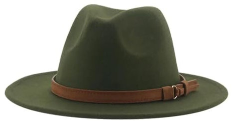 FULUJIDI Fedora Trilby Filzhut Hut Fedora Hüte Für Frauen Männer Breite Krempe Solide Frauen Hüte Band Gürtel Klassische Formale Kleider Hüte 56-58Cm (Erwachsene) ArmyGreen