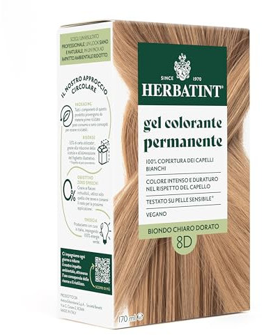 Herbatint Permanente Haarfarbe 8D Hellblond Goldblond – 170 ml | Ammoniakfrei, 100% Abdeckung für weißes Haar | für empfindliche Haut, mit 8 natürlichen Bio-Extrakten