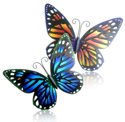 kitudaty 2 Pieces Large Metal Butterfly Ornaments Garden for Indoor Outdoor Yard Wall Decor,Sculpture Hanging,Ornaments Garden, for Outdoor Fences Sheds Walls，25 x 18.5 cm (Blue and Orange)