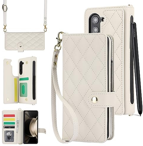 XIZYO für Samsung Galaxy Z Fold 6 Leder Crossbody Brieftasche Klapphülle mit 2 Abnehmbarem Lanyard Riemen, mit Stifthalter, Luxus Magnetverschlüsse Stoßfest Handyhülle mit Kartenhalter, Weiß