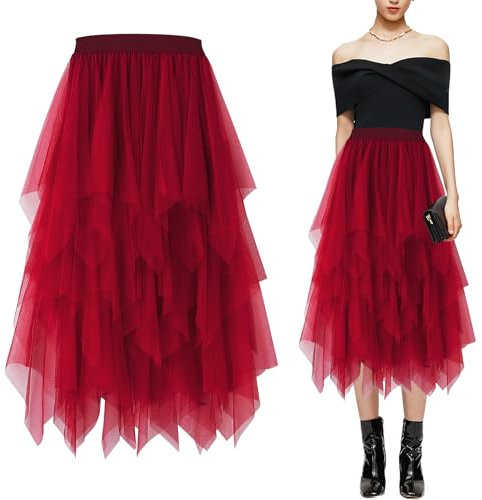 Baogaier Damen Rock Tüll Elastisch Mesh Faltenrock Rot Elegante Hohe Taille Tüllrock A Linie Tutu Midirock mit Gefüttert Lagenrock Faltenkleid Fasching Party Karneval Kostüm Damen