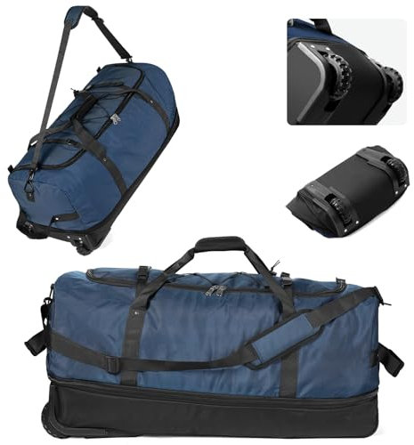 YHYEH 32 Reisetasche mit Weichen Seiten, Faltbar und mit Rollen, Erweiterbar von 110L auf 140L, Rolltasche mit 2 Rollen und Mehreren Taschen,Marineblau