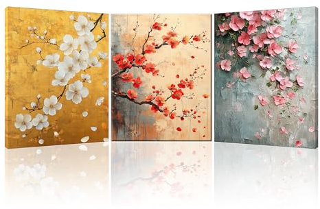 PIY PAINTING Quadro Su Tela Di Fiori, Stampa Su Tela, Bianco Rosso Rosa Quadro, Poster Artistico Romantico Per Soggiorno Ufficio Caffè e Studio Di Yoga, Cornice Interna, Set Di 3, 30x40 cm