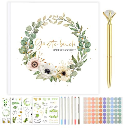 Gästebuch für Hochzeit, 120 Seiten, mit Aufklebern und Metallmarker, personalisierbar, grün