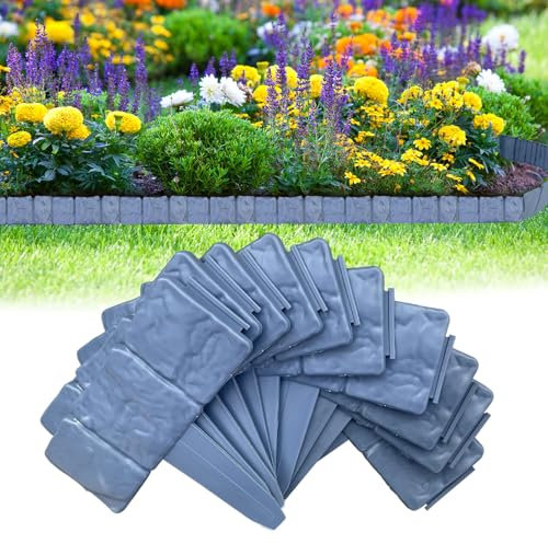 Bordo per prato in plastica effetto pietra, 5 m, grigio, flessibile bordatura da giardino, bordo per recinzione, aiuola, vegetali, decorazione da giardino, 25 x 23 cm (grigio, 20 pezzi - 5 m)