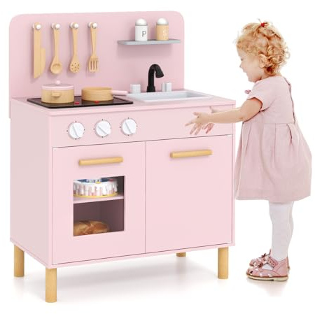 HOMASIS Cuisine pour Enfant en Bois, Ensemble de Cuisine avec Effets de Lumière et de Son Cuisinière, Évier, Étagères de Rangement, Four, Ustensiles pour Enfants de 3 Ans + (Rose)