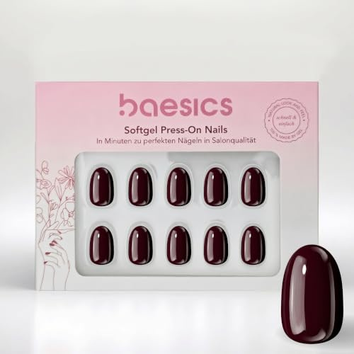 Baesics Softgel Press On Nails Dunkelrot Oval - künstliche Nägel kurze | Softgel in verschiedenen Größen, flexibel und wiederverwendbar, ohne UV-Licht. Für Hochzeit, Festival und Alltag, mit Kleber