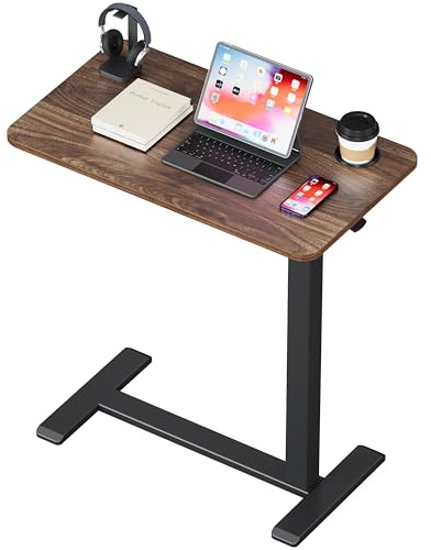 BIZUM Adjustable Bedside Table with Swivel Hidden Wheels Pneumatic Rolling Desk Mobile Standing Desk with Cup Holder for Hospital Home(70x40cm Walnut)