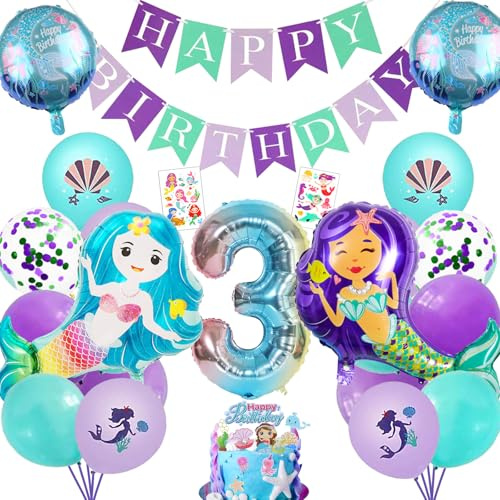 YOUYIKE 3 Jahre Meerjungfrau Deko Kindergeburtstag, Geburtstag Mädchen Meerjungfrau Deko, XXL Folienballon Mermaid Meerjungfrau Ballonset mit Happy Birthday Banner Mermaid Cake Plugin