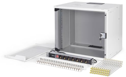 DIGITUS 19 Network Kit - 9U Network Cabinet - 1U Shelf - 24-Port Patch Panel - 24 Keystone Modules - 30 Patch Cables - Power Strip - Unmounted - SOHO PRO Series - Grey | Network cabinet - power strip - 1U shelf - 24-port patch panel - 24 keystone modules - 30 patch cables