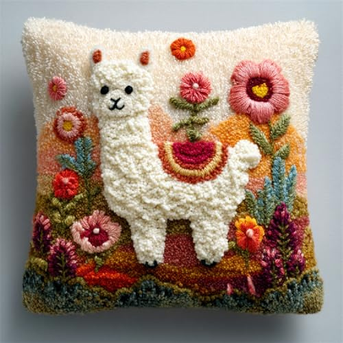 ANSIWEIGO DIY Knüpfkissen Set 43x43cm,Latch Hook Kissen zum Selberknüpfen für Kinder & Erwachsene,Kreatives Knüpfset mit Anleitung,Handarbeit Bastelset für Anfänger und Profis,Cartoon-Alpaka