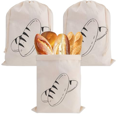 Lot de 3 Sacs à Pain en Lin avec Cordon de Serrage, 40 x 30 cm | sacs à pain en lin, sac à pain en coton, sac réutilisable pour garder les fruits et légumes frais