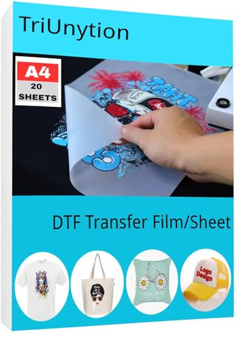 TriUnytion DTF Transferfolie Papier A4 (21 x 29,7 cm), Doppelseitig Matt DTF Transferpapier Klare PET DTF Transfer Film für T Shirts Kleidung Textil Hut (20 Blatt)