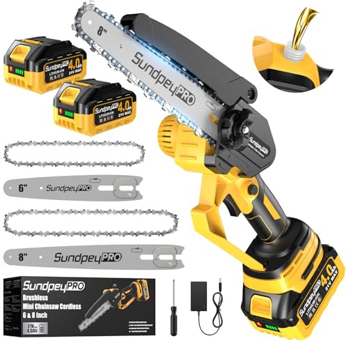 SundpeyPRO Mini Kettensäge mit Akkus 8000mAh - 8 & 6 Zoll Bürstenlose Akku kettensäge mit Werkzeugloser Kettenspannung und Automatischer Öler，Einhand Handkettensäge zum Beschneiden von Holz, Ästen