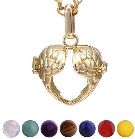 Morella Damen Halskette 70 cm Edelstahl Gold mit Anhänger Herz Engelsflügel und 7 Edelsteinen Chakren-Kugeln in Schmuckbeutel