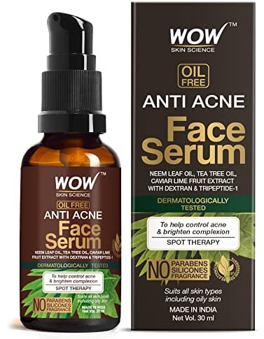 WOW Skin Science Anti Acne Face Serum - Natural Neem Leaf Oil, Tea Tree Oil, Caviar Lime Fruit Extract - Spot Therapy - No Parabens, Silicones & Fragrance - 30ml