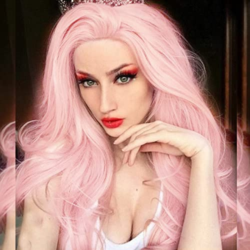 Perücke mit Spitze vorne, für Damen, lang, gewellt, Kunsthaar, Pastellrosa, Spitzenperücke mit natürlichem Haaransatz, klebefrei, hitzebeständig, Anime-Cosplay-Party, den täglichen Gebrauch, 61 cm