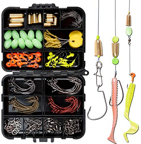Shaddock 138stk Angelhaken Set Angelzubehör Kit inklusive Offset Wurmhaken,Jig Haken,Barrel Angelwirbel,Messing Kupfer Angelgewichte,Angelraum Bohnen,Perlen für Salzwasser/Süßwasser