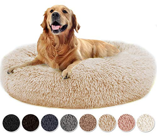 Yurun Hundebett rund, Katzenbett Donut hundekissen Hundesofa, Weiches Plüsch Bezug abnehmbar und maschinenwaschbar Hundekorb Donut für Grosse Mittel Hunde und Katzen - Beige 90x90x20cm