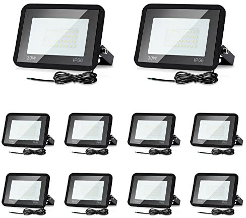 Lospitch 10er 30W LED Strahler Außen, 2550LM Fluter Aussen, IP66 Wasserfest Flutlicht Außenstrahler, Außenleuchte Scheinwerfer, 6000K Kaltweiß Außenbeleuchtung für Werkstatt Garage Garten Sportplatz