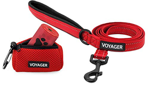 Voyager Reflektierende Hundeleine mit Neoprengriff, 1,5 m und wiederverwendbarem Netzspender, Kotbeutelhalter-Set für Reisen, Spaziergänge, Park und Outdoor, weich und langlebig, mit Clip, Rot