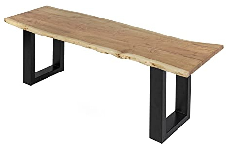 SAM Esszimmerbank 160x42 cm Chicago, Akazienholz naturfarben, Massive Holzbank mit echter Baumkante, Baumkantenbank mit U-Gestell Schwarz, Sitzbank mit 26 mm Platte