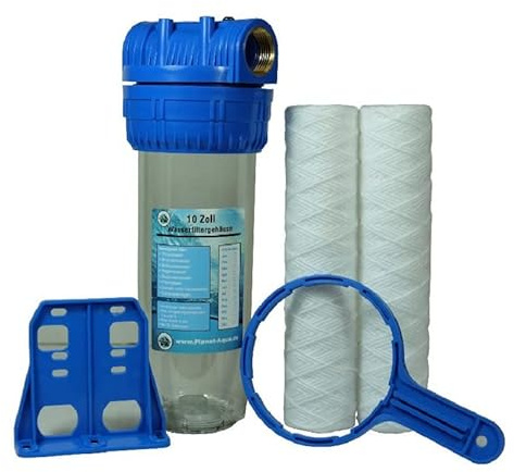Filtergehäuse SET 10 Zoll 3/4 IG + 2 x Sediment Wickelfilter Wasserfilterpatrone Kartusche 5 Mikron, Filterschlüssel und Wandhalterung Wasserfilter Hauswasserwerk Garten Pumpen Pool Wasserleitung