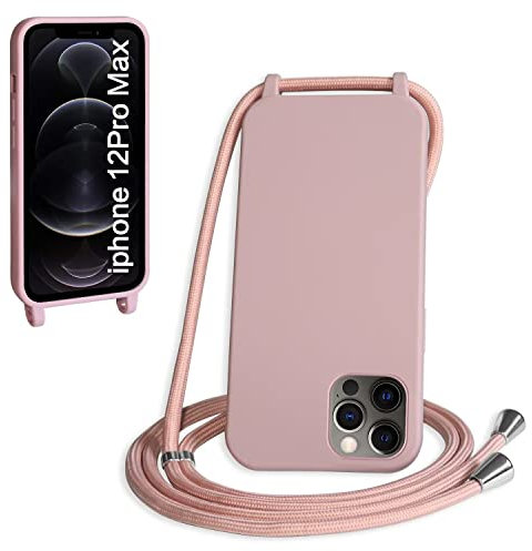 SLWYF Custodia per iPhone 12 Pro Max Cover con Cordino, Silicone Antiurto TPU Morbido Corda Collana Necklace Regolabile Stylish con Catena Ultra Sottile Cover Case, Rosa sabbia