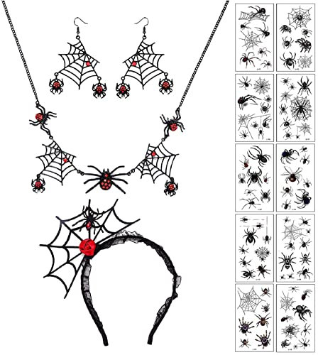 Finrezio Halloween Schmuck Spinne Halskette Ohrringe Set für Frauen Spinnennetz Temporäre Tattoos Haarreif Schwarz Spinnennetz Anhänger für Halloween Kostüm Party