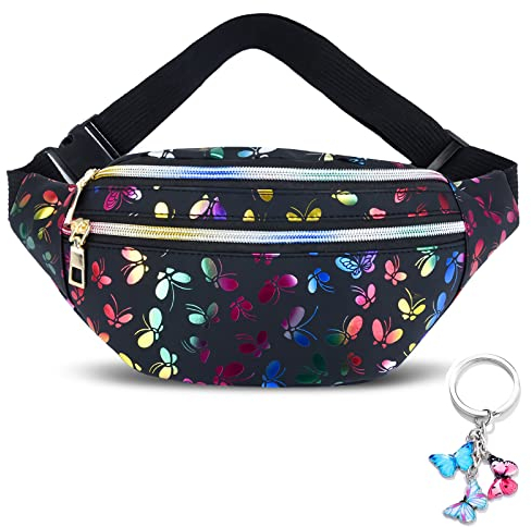 Gürteltasche Kinder Mädchen Bauchtasche Damen Glitzer Kinder Bauchtasche Mit Schmetterlingsdruck Mode Wasserdicht Schwarz, Fügen Sie einen Schmetterlings Schlüsselanhänger