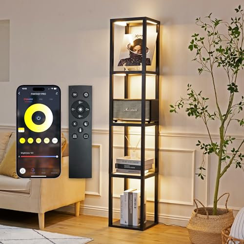 FENLO 167,6 cm Luxus-Glasvitrine mit dimmbaren LED-Stehlampen, stabile Glasregale für Schlafzimmer, Kurioschrank mit Glas-Bücherregal-Vitrine, Stehlampe mit Regalen, Fantasy-Schwarz