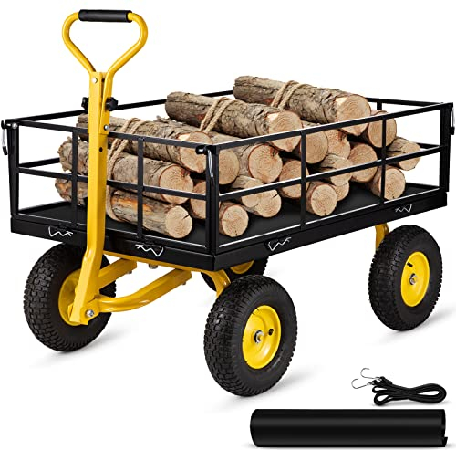 VEVOR Bollerwagen 544kg Belastbar Gartenwagen 112x75x27,8cm Transportwagen Stahlrahmen Gummiräder Gerätewagen 82cm Griff Handwagen Gartenkarre 2m Seil Ideal für Rasenflächen Höfe Strände