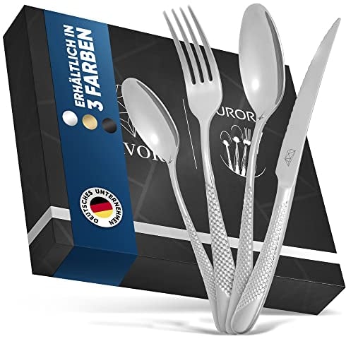 Glavory Aurora - Besteck Silber gestanzt - Besteck Set 4 Personen 16 teilig - rostfreier 18/8 Edelstahl - silbernes Besteck spülmaschinenfest mit edler Verpackung - 2 in 1 Steakmesser