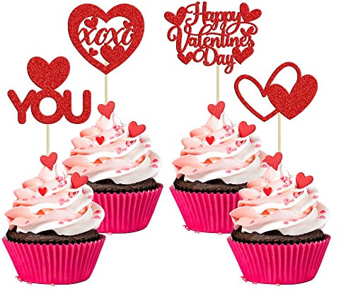 24Pcs Happy Valentine's Day Cupcake Toppers Glitter Love Heart I Love You XOXO Cupcake Picks Decorations for Wedding Proposal Engagement Bridal Shower Theme Party Cake Decoration Red