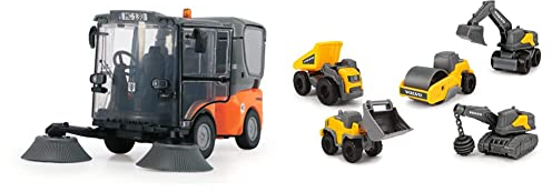 Dickie Toys Street Sweeper, Orange/Grau & 203722008 Volvo Micro Workers, 5er Spielzeugset, Bagger, Baustelle, Set Baufahrzeuge, Baustellenauto Kinder, Baustellenfahrzeuge, Geschenkset, gelb/grau