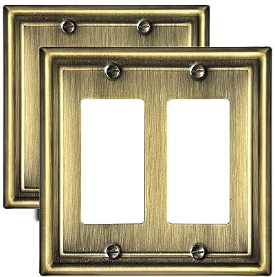 ZILLSEA Placas de pared decorativas dobles, cubiertas de metal para tomas de corriente para receptáculos, interruptores de atenuación, salidas GFCI, latón antiguo, 2 bandas, paquete de 2